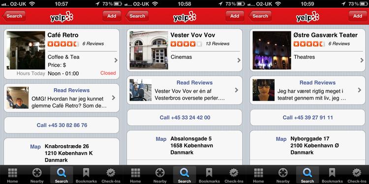 BYNAVIGATION. En af verdens største bylivs-guides er netop kommet til Danmark i form af amerikanske Yelp. Den findes både online og i app-form til mobilen. Et par eksempler fra iPhone-versionen kan ses ovenfor. 