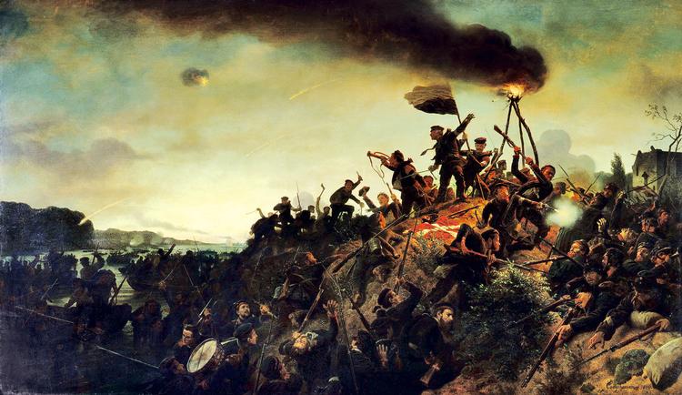 Vinkel. Den tyske maler Wilhelm Camphausens pompøse skildring af prøjsernes angreb på Als. Mens maleriet klart glorificerer den prøjsiske bedrift, er det dog præcist i den forstand, at de spredte danske tropper ved kysten blev løbet fuldstændig over ende. 