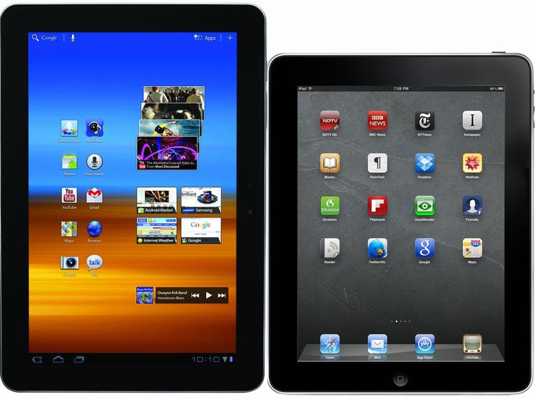 PATENTKRIG. Et af de mere bitre stridsæbler i konflikten mellem Samsung og Apple er tablet’en Galaxy Tab 10.1 (t.v.), som Apple mener er en kopi af iPad (t.h.), til trods for at dimensionerne på de to produkter er vidt forskellige. 
