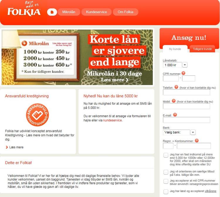 SMS-lån. »Regn med os« skriver lånevirksomheden Folkia på sin hjemmeside. Regner man på Folkias SMS-lån, finder man frem til en Årlig Omkostning i Procent på 1.410. 