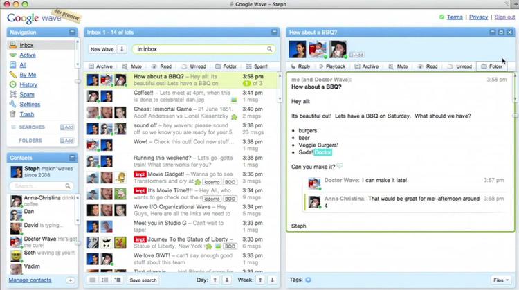 slut. En af grundene til, at Google Wave ikke blev så udbredt var måske, at det enkelte dokument lynhurtigt voksede voldsomt i omfang og dermed blev svært at overskue. 