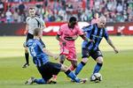 FC Midtjylland tager imod HB Køgepå foto ses: Thomas Guldborg (HB Køge nr.4),Rilwan Olanrewaju Hassan (FC Midtjylland nr. 36), 