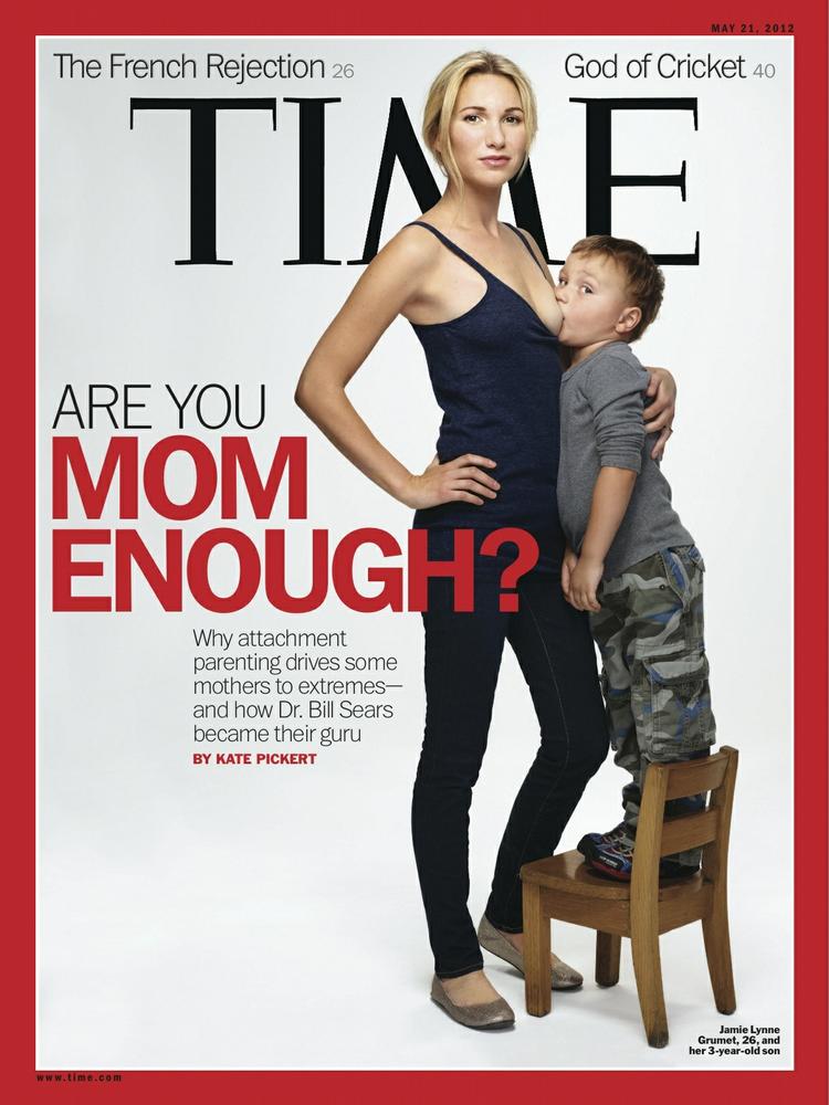Forsideamning. Billedet på det seneste nummer af USA-udgaven af Time Magazine har skabt voldsom debat i USA. Er amning af treårige i orden? (AP Photo/Time) 