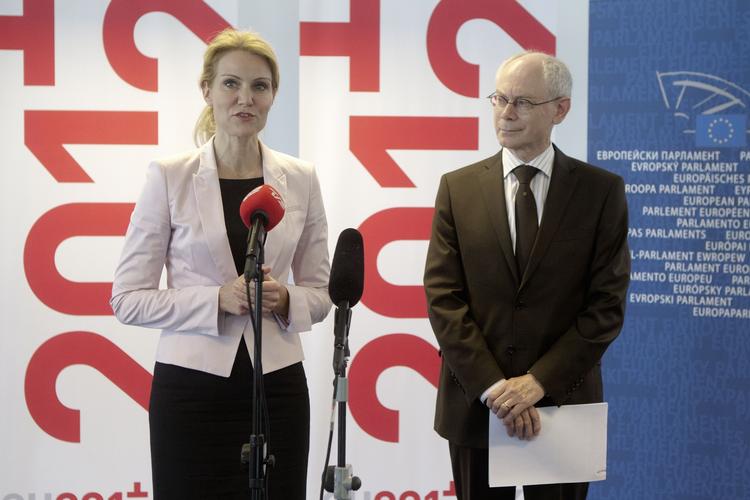 storpolitik. EU-præsident Herman van Rompuy besøger statsminister Helle Thorning-Schmidt i Danmark, der har EU-formandsskabet til og med juni. 