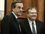 sammenbrud. Partileder Antonis Samaras fra nyt demokrati (tv) og Pasoks leder Evangelos Venizelos mens forhandlingerne om en ny koalitionsregering stadig var i gang. 