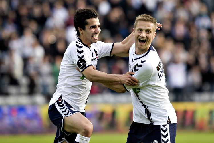 Tilfredshed. Osama Akharraz og Martin Jørgensen scorede begge to gange mod Brøndby. 