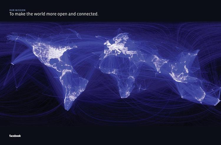 Forbundet. Sådan ser det ud, når man viser forbindelserne mellem Facebooks 901 millioner brugere. Mørket over Asien skyldes blandt andet, at befolkningen i Kina og Nordkorea ikke har adgang til Facebook. 