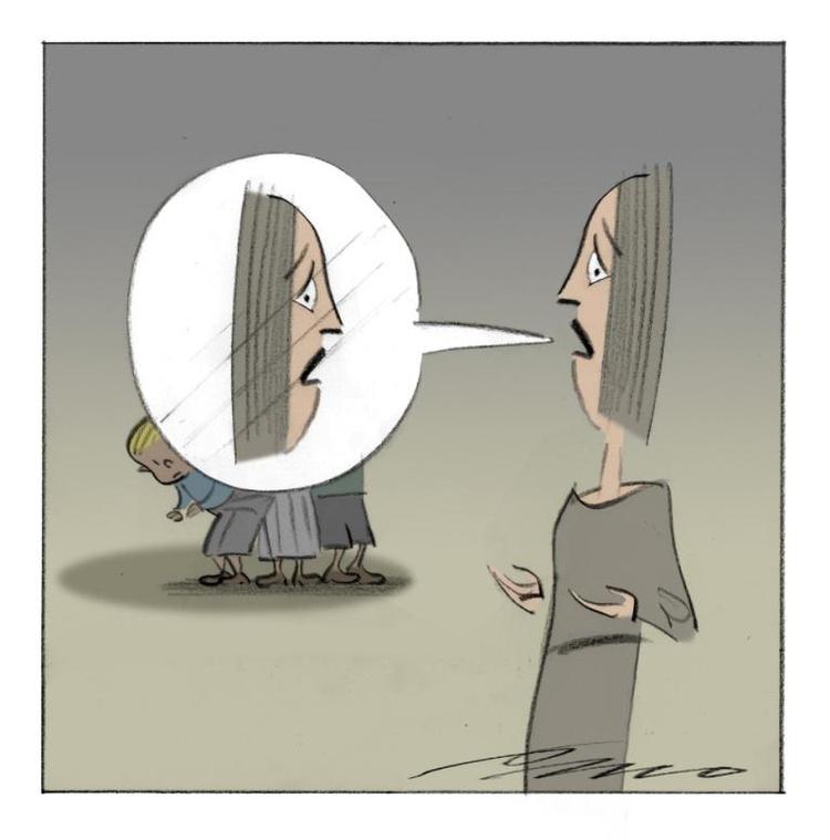 Distance. Det er altafgørende at opretholde en professionel distance til det område og de mennesker, man ønsker at hjælpe. Ellers kan det forhindre, at man hjælper optimalt. Tegning: Per Marquard Otzen. 