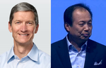 Apples topchef, Tim Cook (t.v.) sætter sig i dag ned med Samsung Mobiles topchef, JK Shin (t.h.) og prøver at finde en løsning på de to firmaers stridigheder. 