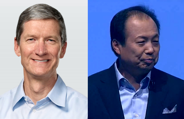 Apples topchef, Tim Cook (t.v.) sætter sig i dag ned med Samsung Mobiles topchef, JK Shin (t.h.) og prøver at finde en løsning på de to firmaers stridigheder. 