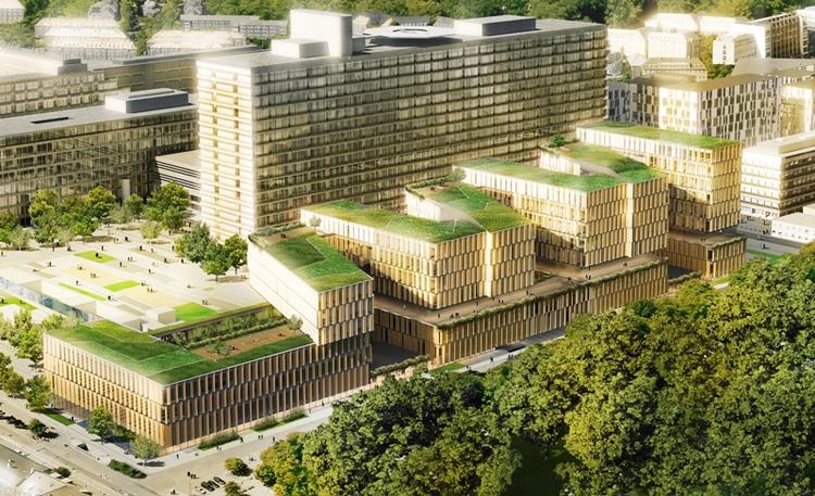 Nordfløj. Integrationen af bæredygtige bygningsløsninger skal sammen med grønne belægninger både ude og inde skabe et grønnere Rigshospital. 