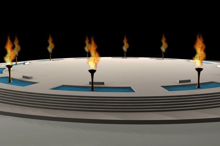 Monumentalt. Trapper fører op til en cirkulær plads, hvor biltrafik føres ind under. Hver time udspyr faklerne ild. Illustration: Per Kragh Møller 