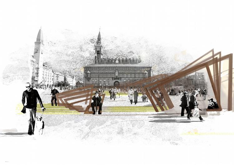 Rådhuspladsen kan omdannes til et stort gymnastikgulv med lange planker, som kan vippes op til bænke, og som vil give en plads af spring og hop. Illustration: Marion Højris Jensen og Sophie Bondgaard Mortensen 