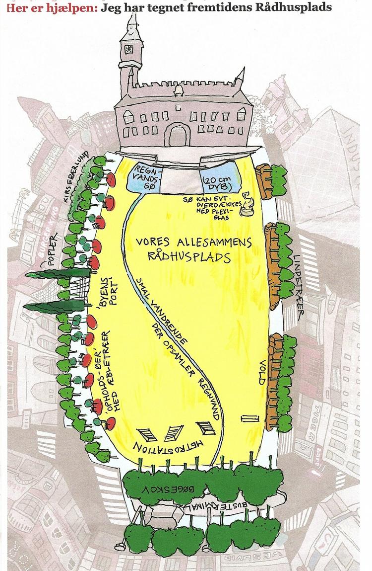 Lulu Jacobsen mener, at »rigtig mange mennesker vil kunne lide« hendes forslag. »Den er blevet meget grøn - og lidt gul«, skriver hun blandt andet. Tegning: Lulu Jacobsen 