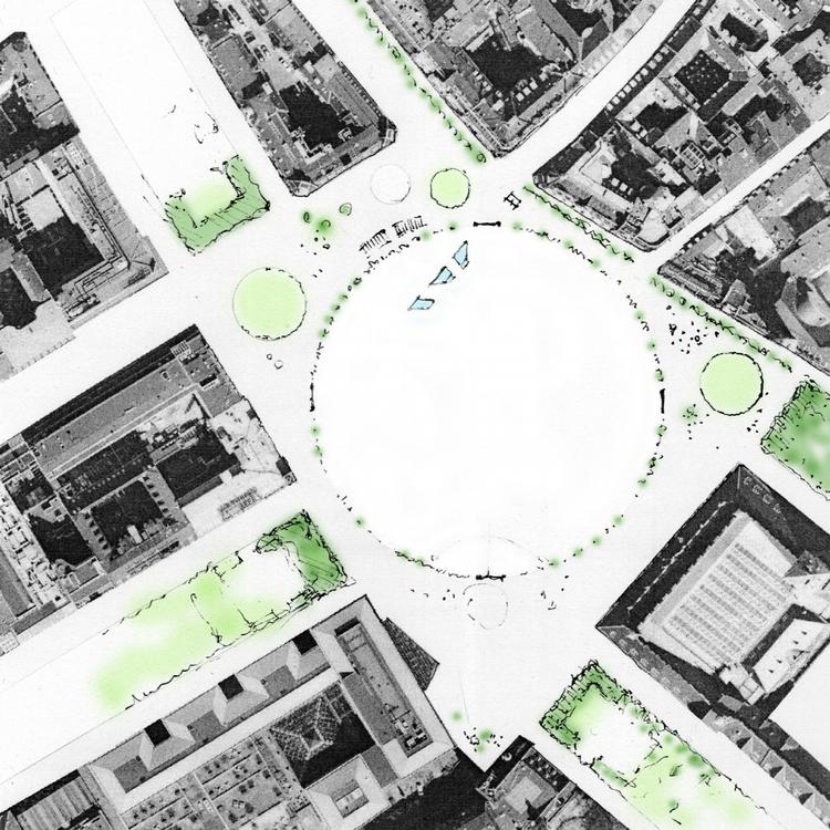Jens Hvass' forslag er centreret omkring en stor ring af træer og bænke. Han forestiller bl.a. sig et økologisk marked i midten. 