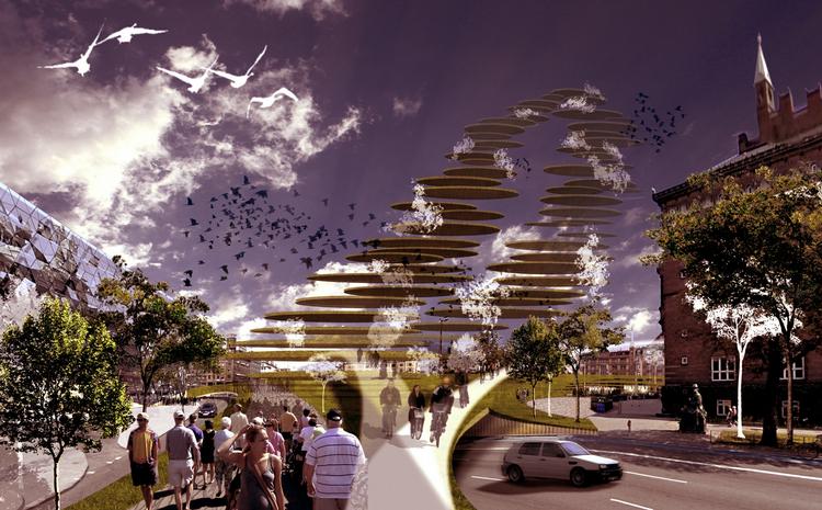 Fantasi. Hvad kommune og metroselskab savner af visioner i deres plan for Københavns Rådhusplads, har Politikens læsere til fulde. 164 forslag blev indsendt til Politikens konkurrence om pladsens fremtid. Her et af de mere radikale, nemlig Martin P. Schmidts forslag, der blandt andet indebærer, at Krinsen på Kgs Nytorv rejses på højkant. 