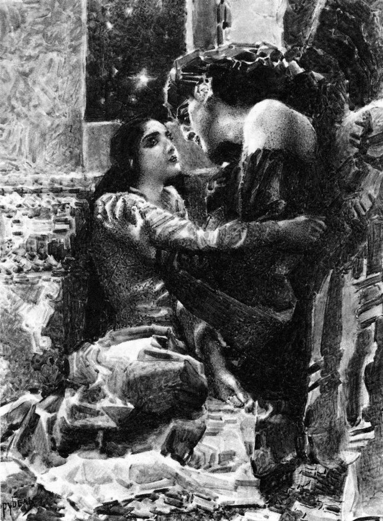 Dæmonisk forførelse.  Dæmonen forfører den sørgende Tamara i Lermontovs 'Dæmonen', men formår  ikke at fastholde hendes sjæl, da hun dør i hans favn. Mikhail Vrubels illustration fra 1891 hænger på Moskvas Tretyakovgalleri. Illustration fra bogen. 