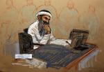 anklaget. En tegning fra retslokalet på Guantanamo under det første retsmøde 5. maj i år. Her ses Khalid Sheikh Mohammed, som han angiveligt ser ud i dag. 