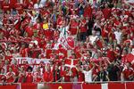 opbakning. Danske roligans på stadionet 'Arena Lviv' før kampen mod Portugal. 
