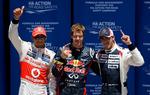 førende. Tyske Sebastian Vettel (midt) har igen kæmpet sig til pole position, mens britiske Lewis Hamilton (tv) starter i næstbedste position og  Pastor Maldonado fra Venezuela (th) havde tredjebedste tid i kvalifikationen før løbet i Valencia. 