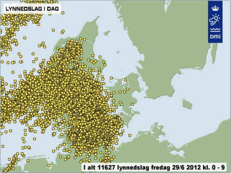 Over 10,000 bolts of lightning have hit Denmark since midnight. 