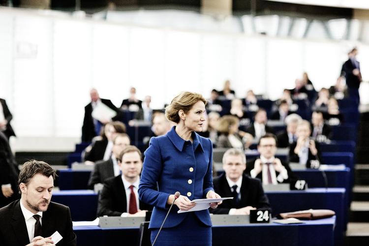 Speech. Prime minister Helle Thorning-Schmidt is being criticized for neglecting her mother tongue. Here she is giving a speech in the European Parliament in Strasbourg, France. 