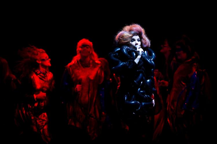 Særpræget. Björk præsenterede store dele af sit seneste og meget minimalistiske album på Roskilde Festivals største scene søndag aften. 