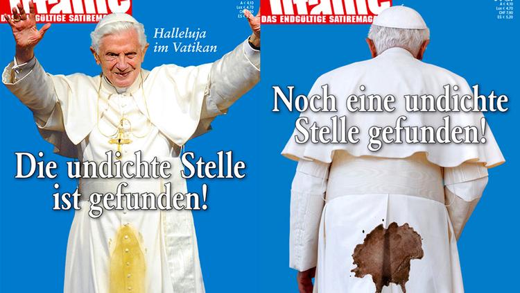 Fanta? 'Halleluja i Vatikanet - Det utætte sted er fundet!', lyder teksten, som er skrevet oven på et foto af pave Benedikt XVI iført sine fineste pavegevandter på forsiden af det tyske magasin Titanic. 