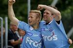 Mål. Henrik Hansen (tv) har på billedet lige scoret til 2-0 for Sønderjyske i dagens Superliga-kamp mod Randers FC. 