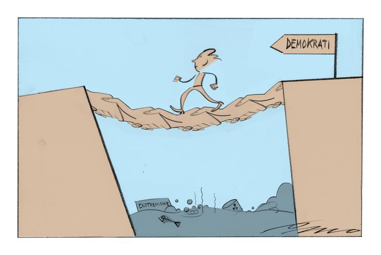 Utøya. »I DSU følte vi os både kaldet og forpligtet til at gå i kamp for demokratiet. Vi indså 22. juli, at demokrati ikke er statisk, og at vi som ungdom aldrig må tage friheden for givet«, skriver DSU-formand Camilla Schwalbe.Tegning: Per Marquard Otzen 