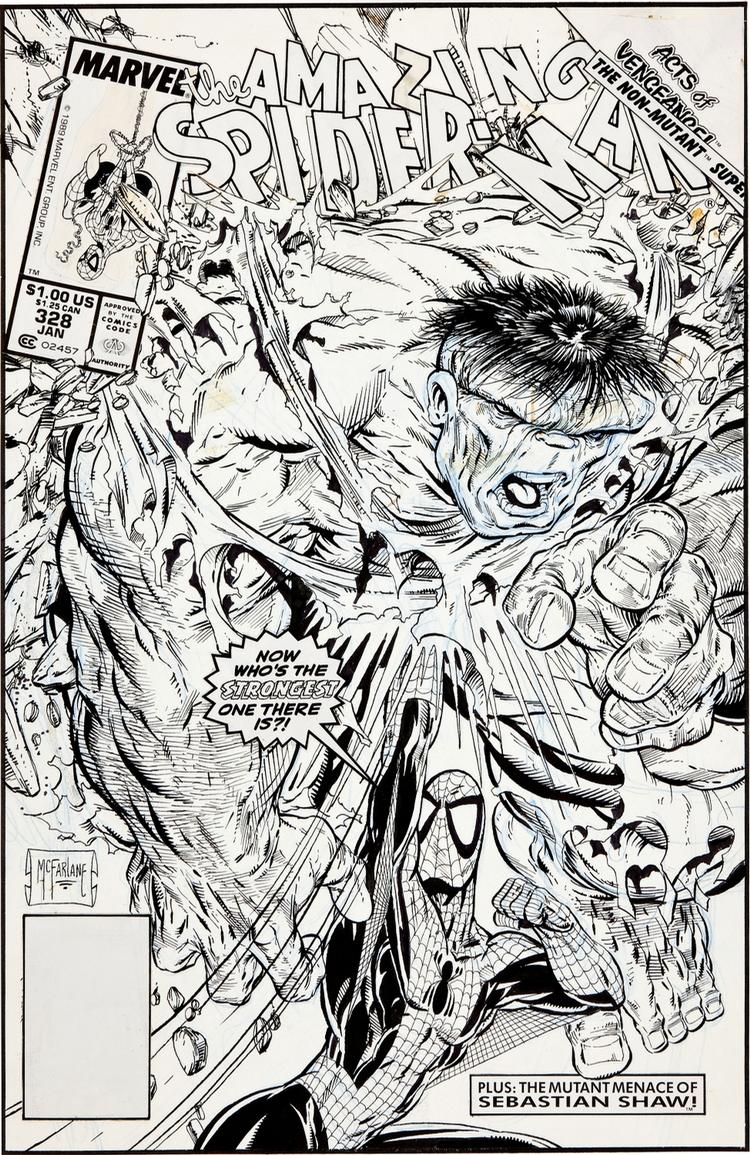 Tegneserier. Den originale forside til The Amazing Spider-Man er tegnet af Todd McFarlane 