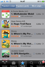 Et kalenderprogram og en version af de klassiske Hugo-spil er blendt de mest populære app'er lige nu. I hvert fald er de de to mest downloadede betalings-app'er i Apples Appstore. 