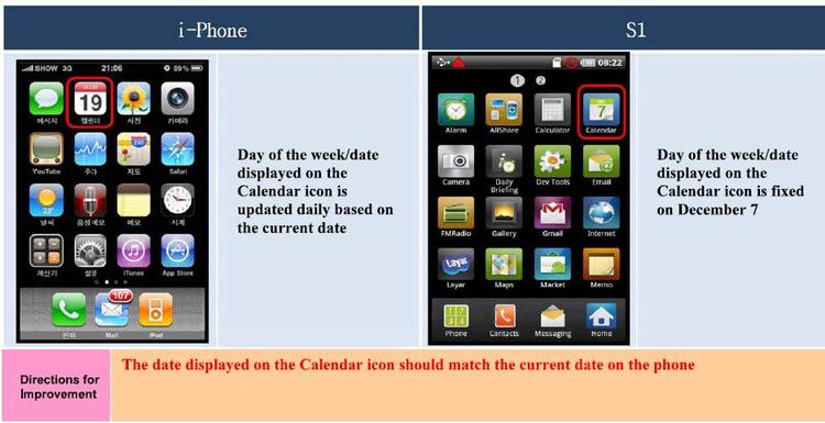 PLAGIAT. I en Samsung-rapport fra 2010 sammenlignes iPhone direkte med Samsungs Galaxy S. Samsung opfordres af sine egne ingeniører til at gøre smartphonen mere iPhone-agtig, som her, hvor det er kalender-app'en, der omtales. 