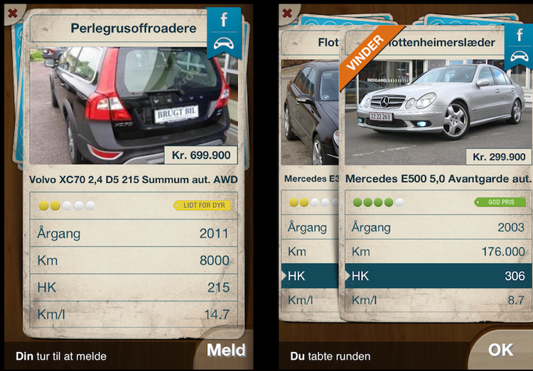 Bilbattle. I den nye gratis Bilkort-app kan der dystes i klassiske bilkort i faktorer som antal hestekræfter, antal kørte kilometer, benzinforbrug, årgang eller blot om prisen er god. Bagefter kan man finde brugte biler fra spillet online og købe den rigtige bil. 