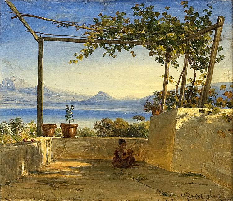 Solskin. I 1850 malede Brendstrup dette lille billede fra en italiensk loggia. I dag er det i privateje. 