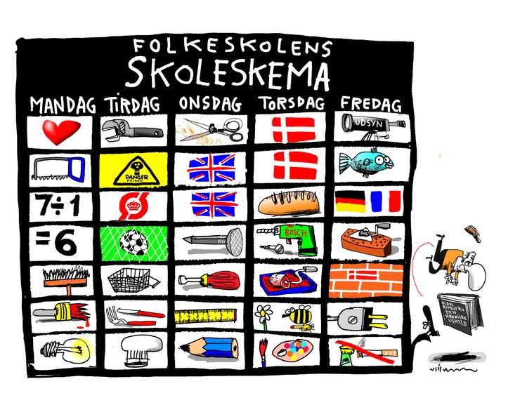 Fagplan. De traditionelle håndværksfag er røget ud af folkeskolen. Tegning: Jørn Villumsen 