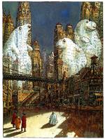 Michelinmand. Sælen Diego krykker sig i gumpetung uformelighed gennem verdens mægtigste by, New York sur Loire i Crécy's 'særprægede  surrealistiske billedfortælling'.  Illustration fra bogen. 