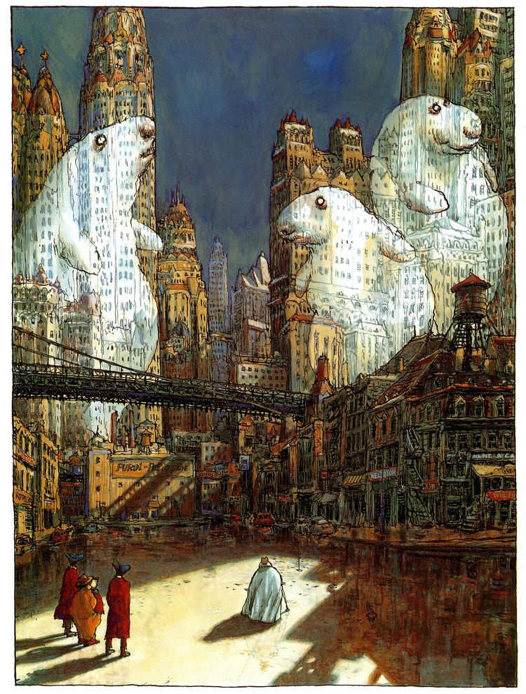 Michelinmand. Sælen Diego krykker sig i gumpetung uformelighed gennem verdens mægtigste by, New York sur Loire i Crécy's 'særprægede  surrealistiske billedfortælling'.  Illustration fra bogen. 