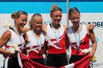vm-sølv. Kvindernes letvægtsdobbeltfirer fik flot medalje ved VM i Bulgarien. Fra venstre mod højre: Sarah Christensen, Christina Pultz, Sarah Jürgensen og Helene Nygaard Olsen. Foto: Finn Andersen/roning.dk 