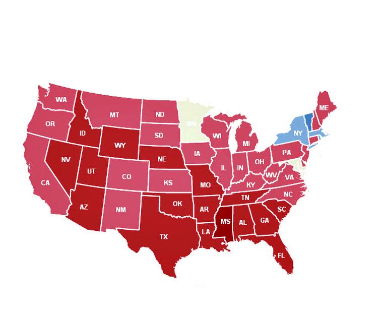 USA. I anledning af valget har Amazon stykket denne lille grafik sammen. De røde stater er 'højredrejede eller konservative', mens de blå stater er det modsatte. Og som det kan ses, er USA overraskende højreorienteret, når bogsiderne skal vendes. 