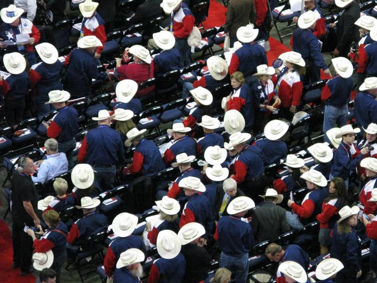 Protest. Cowboyklædte delegerede fra Texas var blandt de mest højlydte i bølger af protester mod, at tilhængere af Ron Paul blev udelukket fra republikanernes partikongres i nat. 