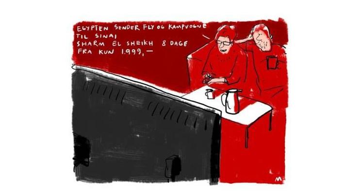 Besparelse. En læser har oplevet at finde en rejse billigere på tekst-tv end på nettet - og har fået rejsen til den billigste pris. Tegning: Mette Dreyer 