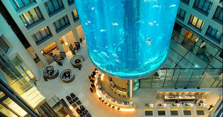 ELEVATORFISK. Lobbyen i Radisson Blu hotellet i Berlin har et akvarium, som man kan tage op igennem med en elevator. 