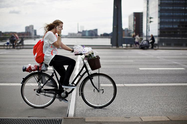 Ulovligt. Yndigt med blomster i kurven. Men knap så yndigt med telefonen ved øret på vej over Langebro i København. Kvinden her står til en bøde på 1.000 kroner. Foto: Miriam Dalsgaard 