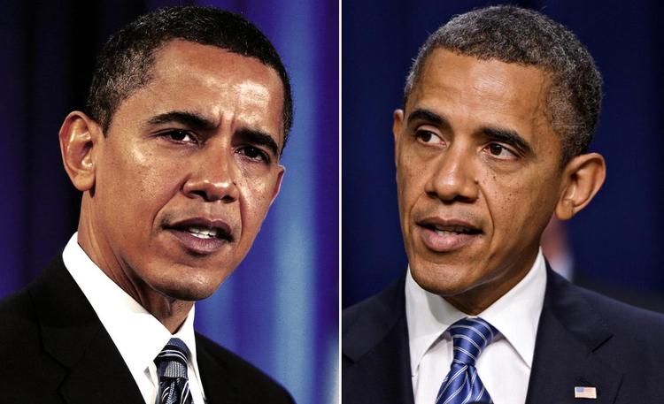 grålig. For fire år siden blev Barack Obama valgt som USA's præsident. Det er ham til venstre. I dag indledes det konvent, der officielt skal gøre 51-årige Obama til demokraternes præsidentkandidat. Det er ham til højre. 