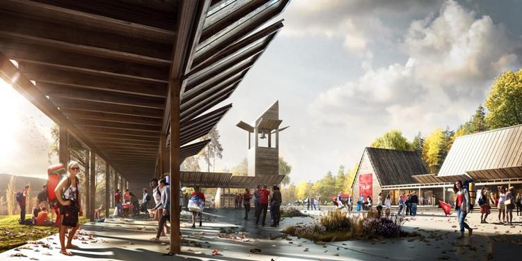 'Square' bliver et naturligt mødested på øen, hvor boder og udendørsmøbler vil give en landsbyagtigt atmosfære.  Illustration af Mir AS, Architecture by Fantastic Norway AS. 