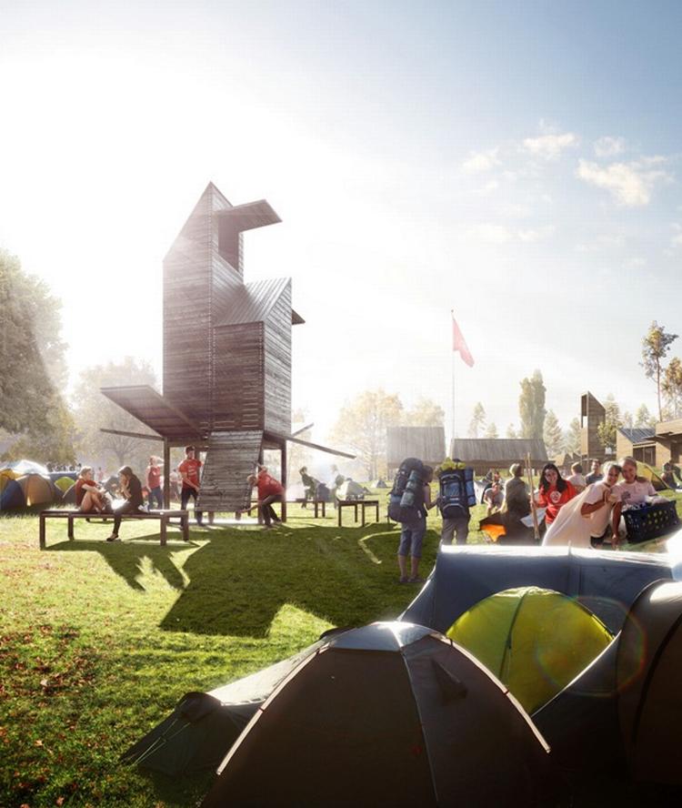 Teltarealerne udvides, der bygges nyt klokketårn og der etableredes ladestationer og nye mødesteder på de grønne arealer.  Illustration af Mir AS, Architecture by Fantastic Norway AS. 