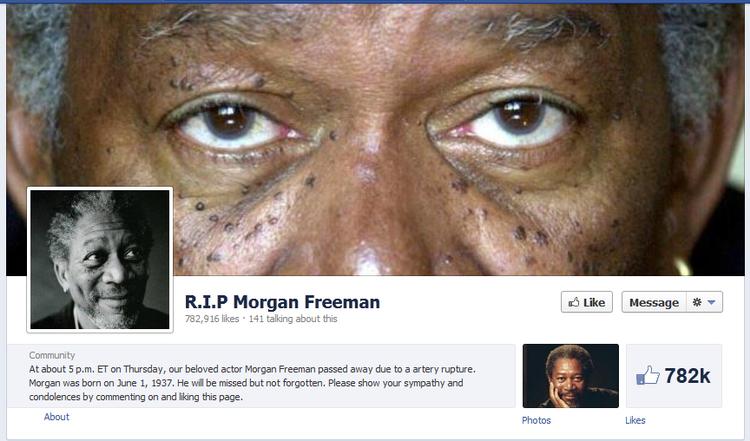 LEVENDE. Morgan Freeman er ifølge en talsmand "I live og har det godt." til trods for denne populære Facebook-side, der erklærer ham for død. 