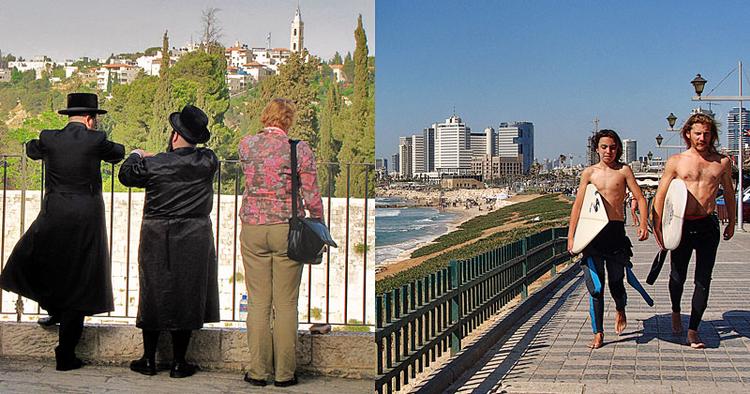 søskendebyer. I Jerusalem beder kristne, muslimer og jøder side om side. I Tel Aviv fester man på bordene og sover rusen ud på stranden. 