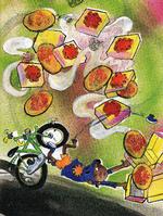 Pronto.  Zakis far er pizzabager, hvilket  af og til får konsekvenser for Zaki. Eksempelvis når han må afløse pizzabuddet. Illustration: Mette-Kirstine Bak 